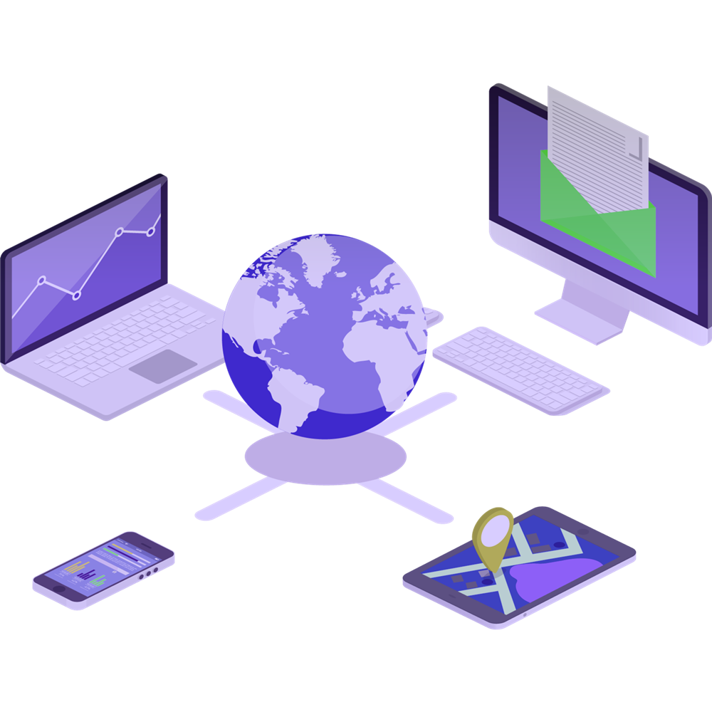 Ecosystem with a central globe bridging various components